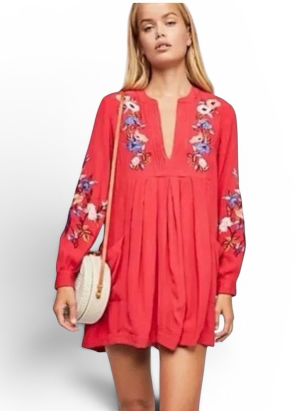 Free People Mia Embroidered Gauze Coral Red Floral Women's Mini Dress, XS